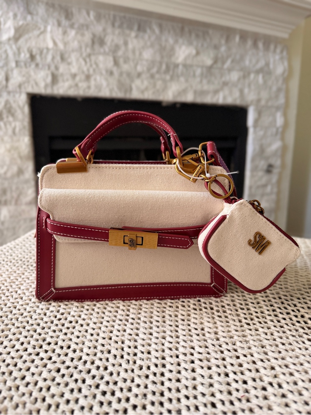 Steve Madden Cream and Burgundy Structured Top-Handle Satchel